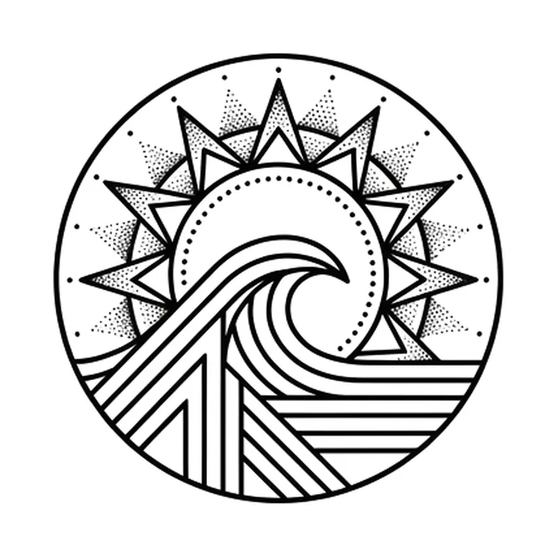 Piccolo sole sopra un'onda dentro un cerchio, tatuaggio geometrico
