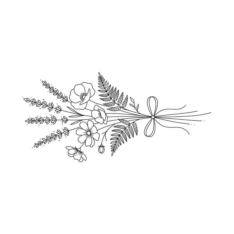 Bouquet di fiori di campo legato con un nastro, tatuaggio fine line