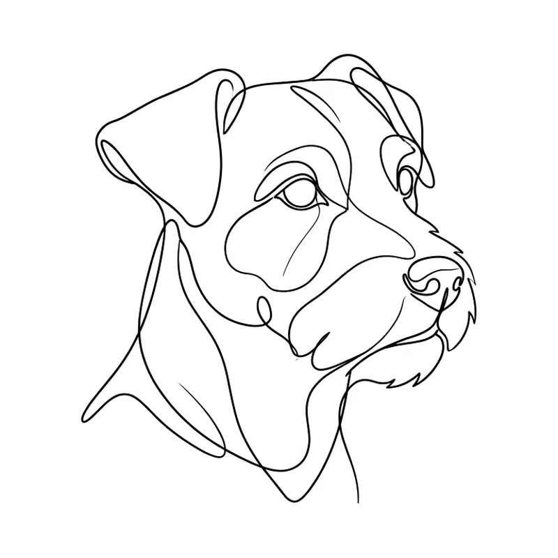 Muso di cane disegnato con una sola linea continua, tatuaggio fine line