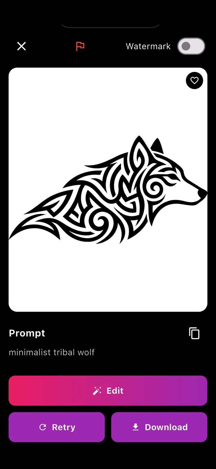 TatuaIA: ein Wolf im Tribal-Stil, von der App aus dem Satz „minimalist tribal wolf“ gezeichnet, mit den Buttons Bearbeiten, Erneut versuchen und Herunterladen