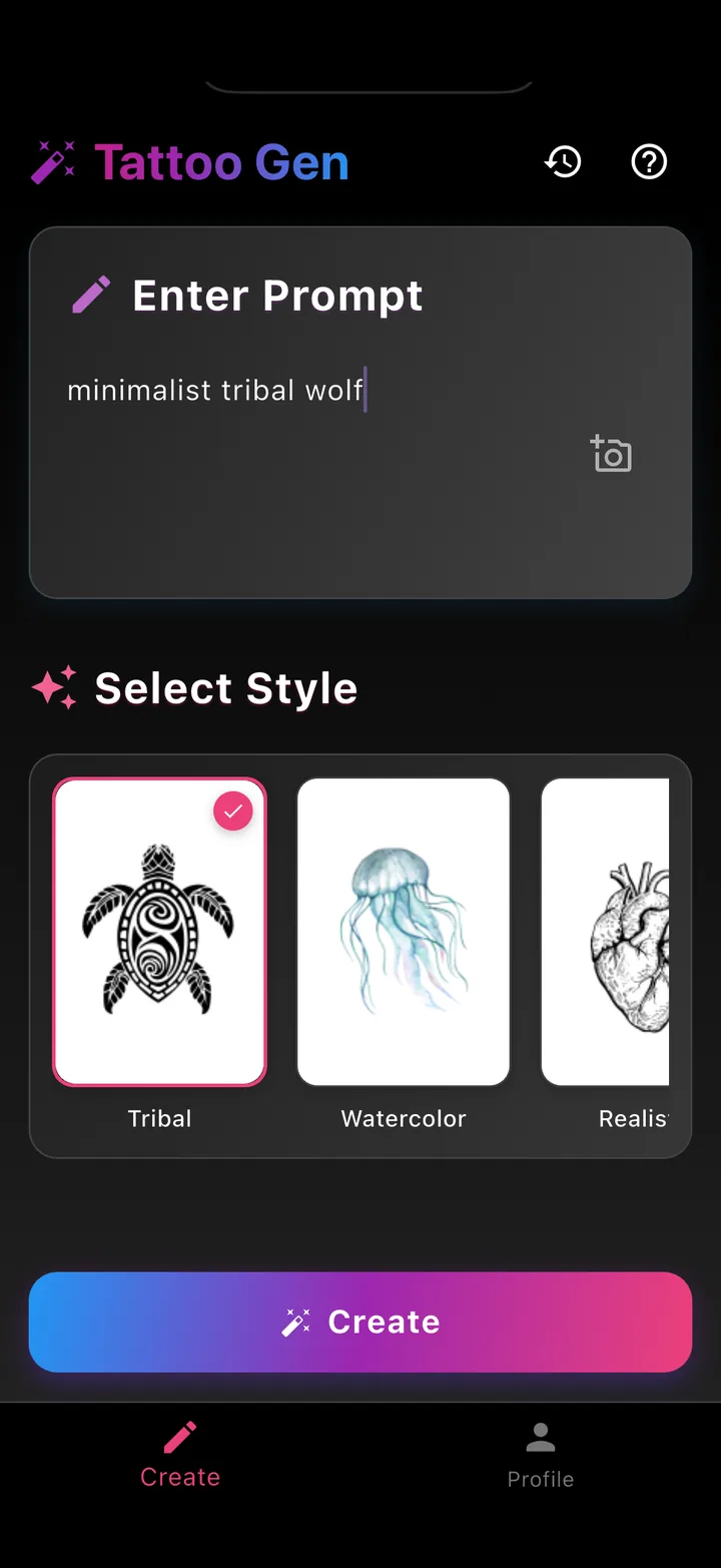 Erstellen-Bildschirm von TatuaIA: der Satz „minimalist tribal wolf“ und das Stil-Karussell mit ausgewähltem Tribal