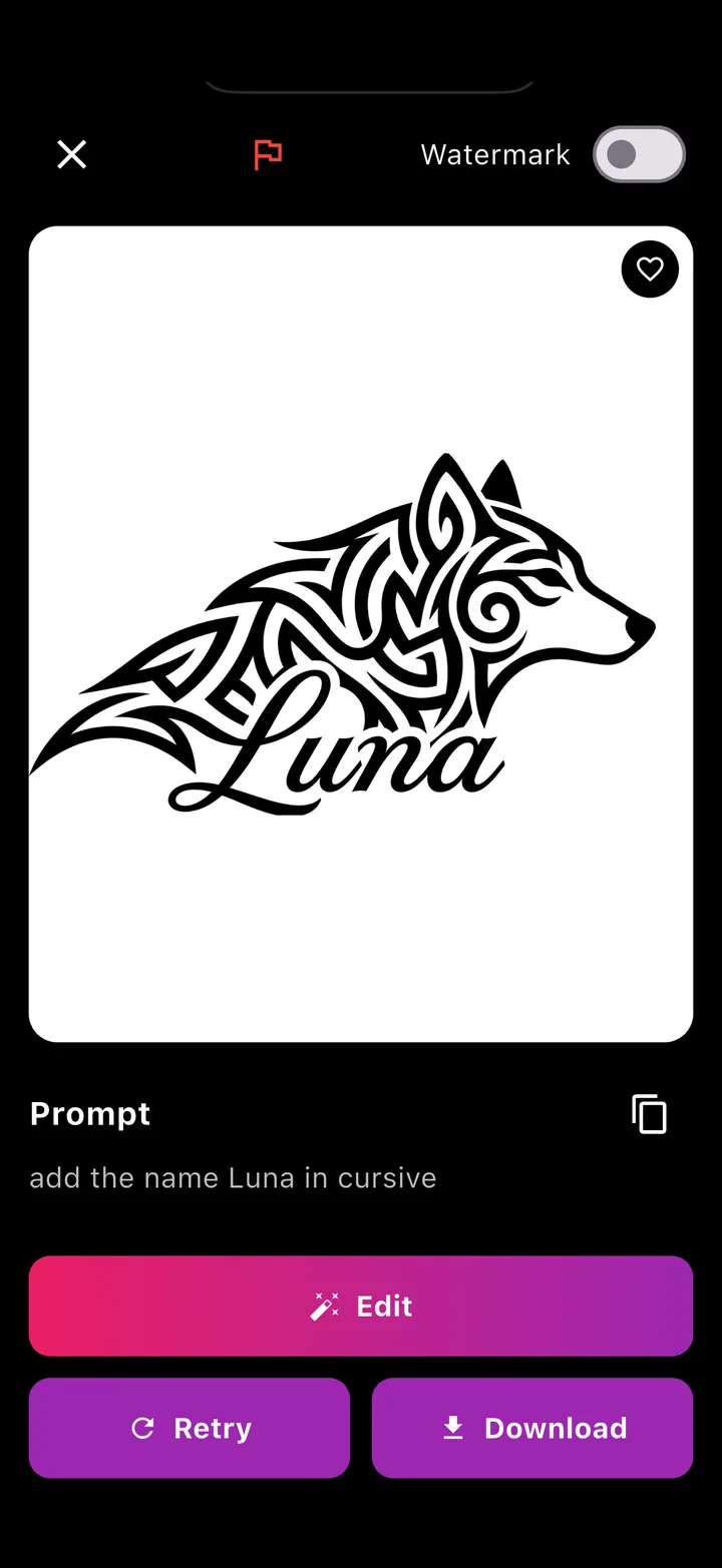 Derselbe Wolf nach einer geschriebenen Änderung: der Name Luna in Schreibschrift hinzugefügt