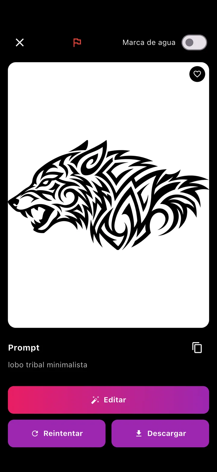 TatuaIA: un lobo en estilo tribal dibujado por la app a partir de la frase «lobo tribal minimalista», con los botones Editar, Reintentar y Descargar