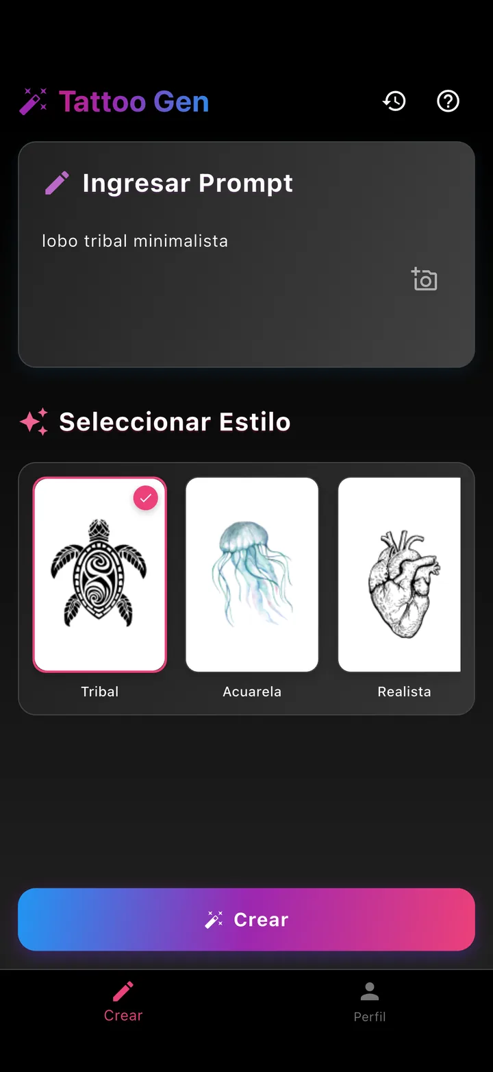 Pantalla Crear de TatuaIA: la frase «lobo tribal minimalista» y el carrusel de estilos con Tribal seleccionado