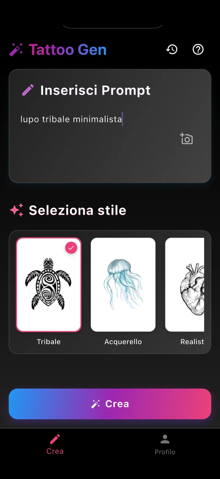 Schermata Crea di TatuaIA: la frase «lupo tribale minimalista» e il carosello degli stili con Tribale selezionato