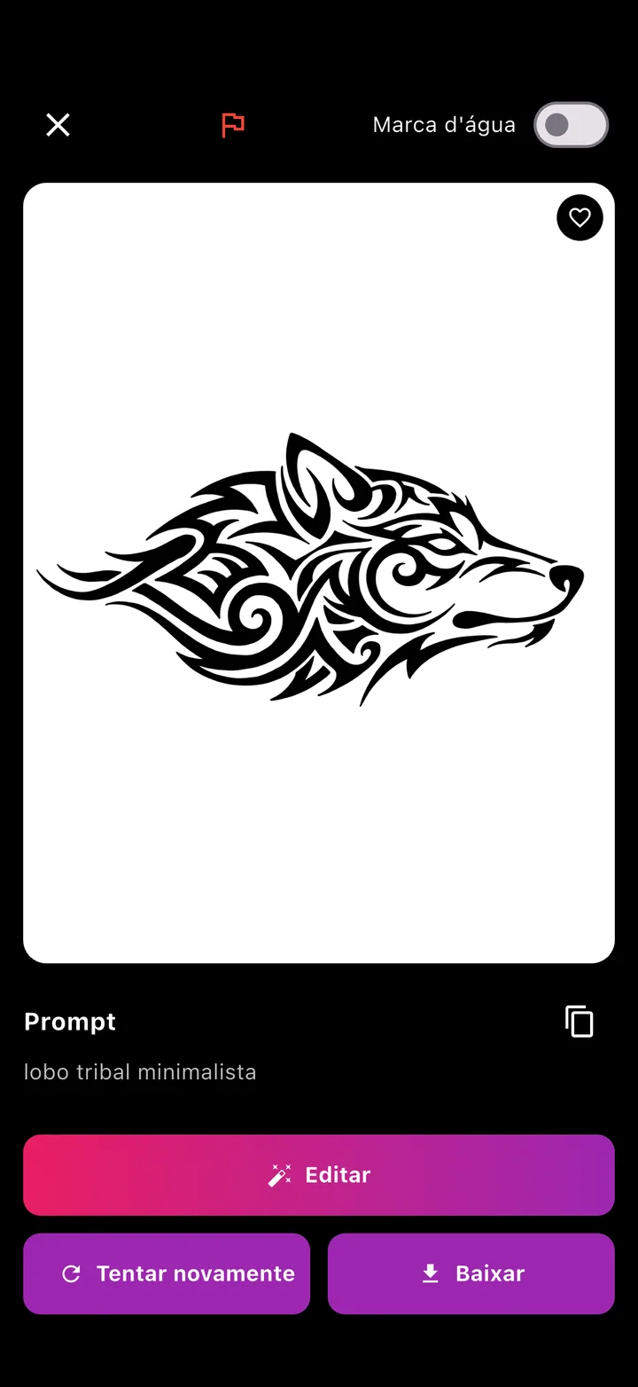 TatuaIA: um lobo em estilo tribal desenhado pelo app a partir da frase «lobo tribal minimalista», com os botões Editar, Tentar novamente e Baixar