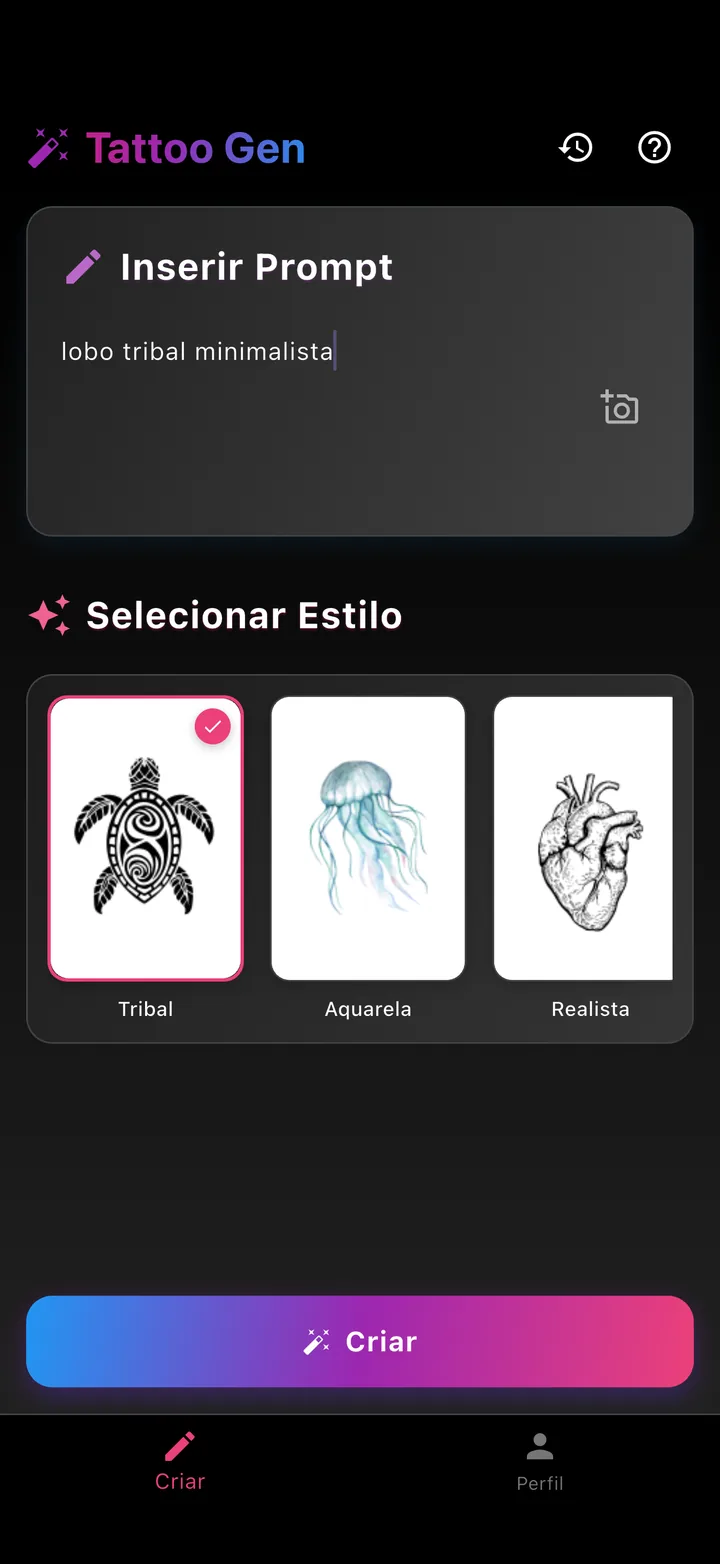 Tela Criar do TatuaIA: a frase «lobo tribal minimalista» e o carrossel de estilos com Tribal selecionado